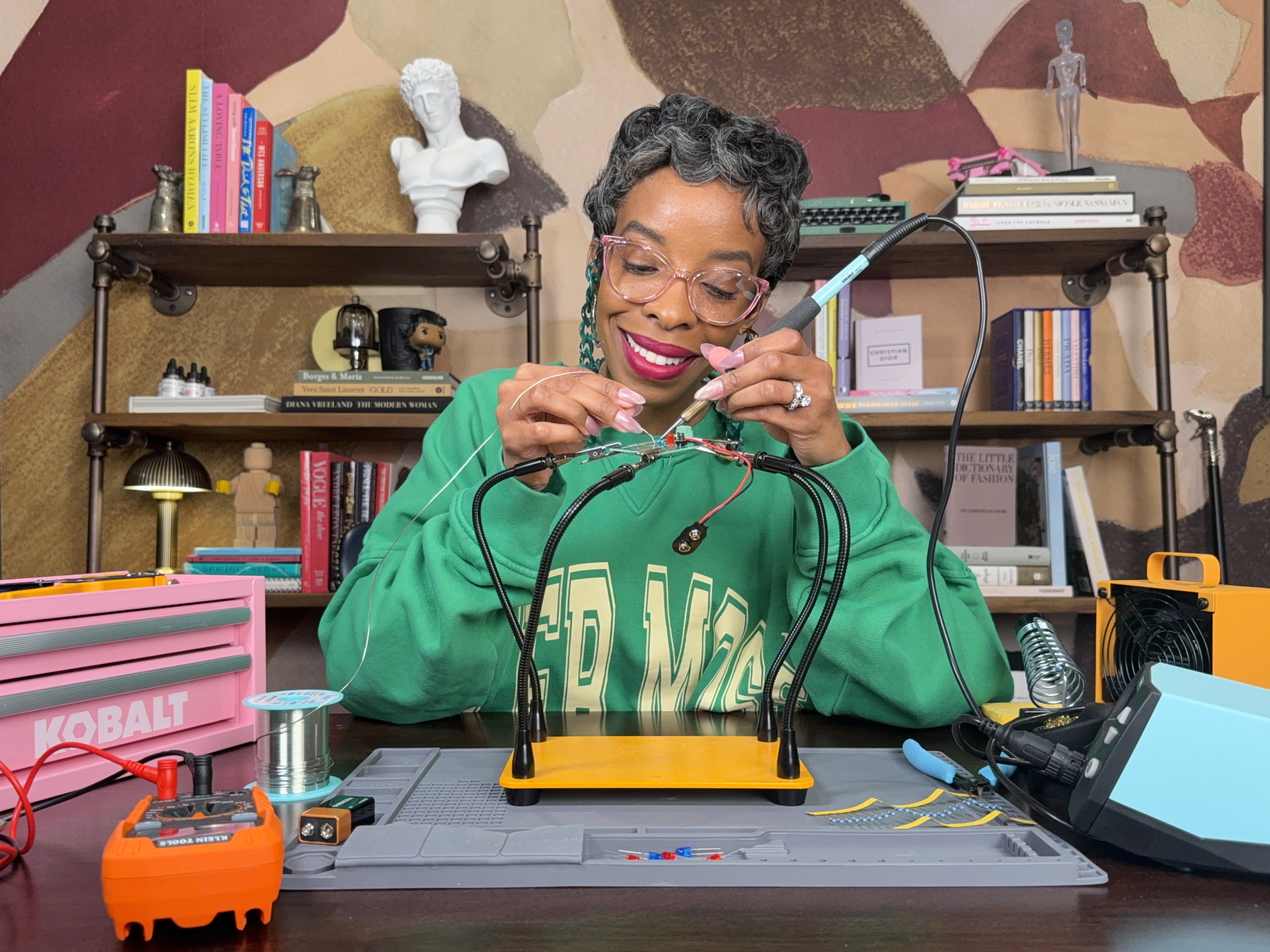 April Gittens at work — a specimen from the Pretty Wired collection.